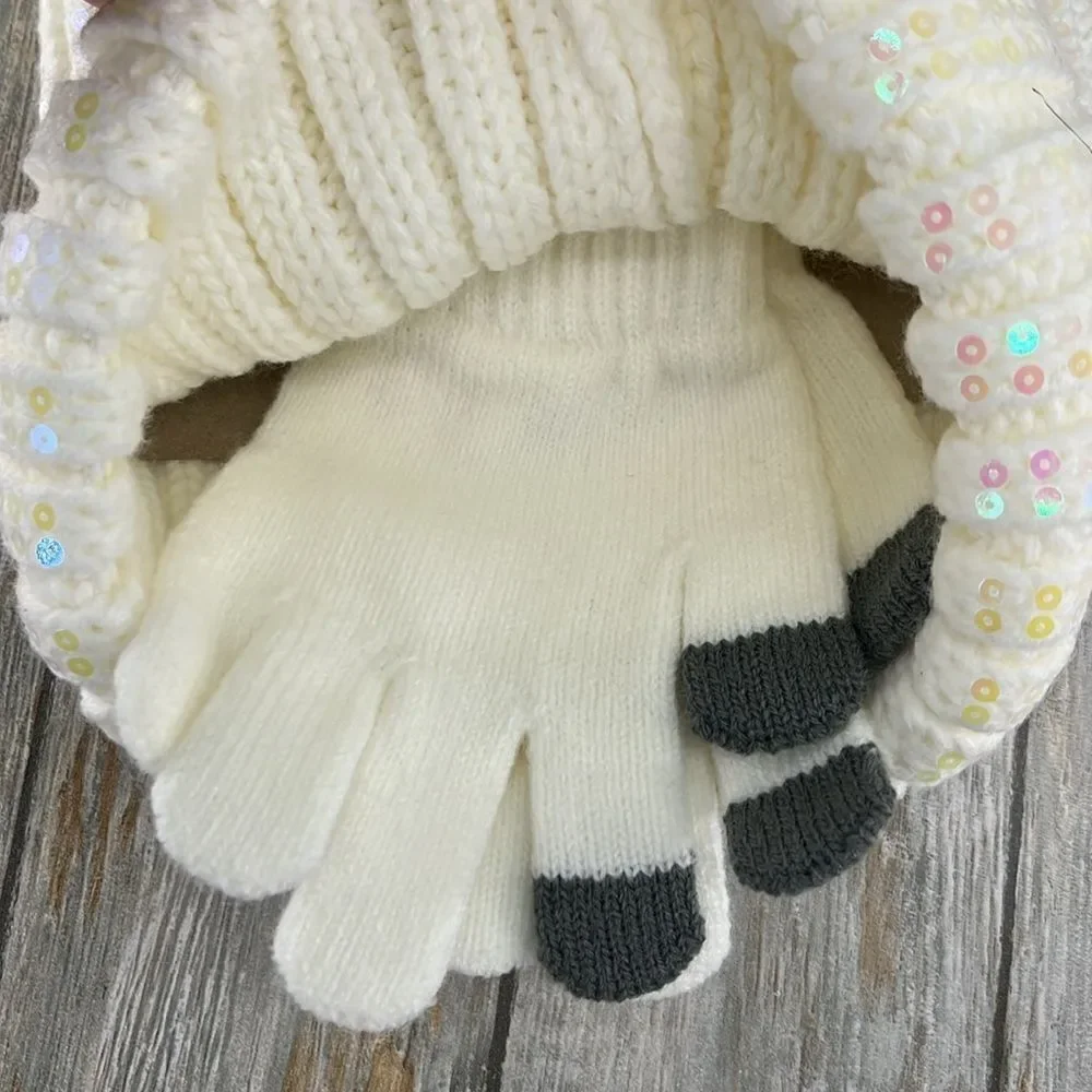 Girls Justice Ribbed & Full Print Winter Cozy Beanie and Gloves 2, 2-Piece Sets
